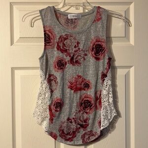Able Tank Top Pink Rose Print Beige Crochet Detail Small